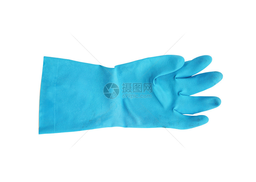 在白色背景上分离的家用保护性橡皮手套乳胶衣服洗涤手指清洁工剪裁小路工具青色工作图片