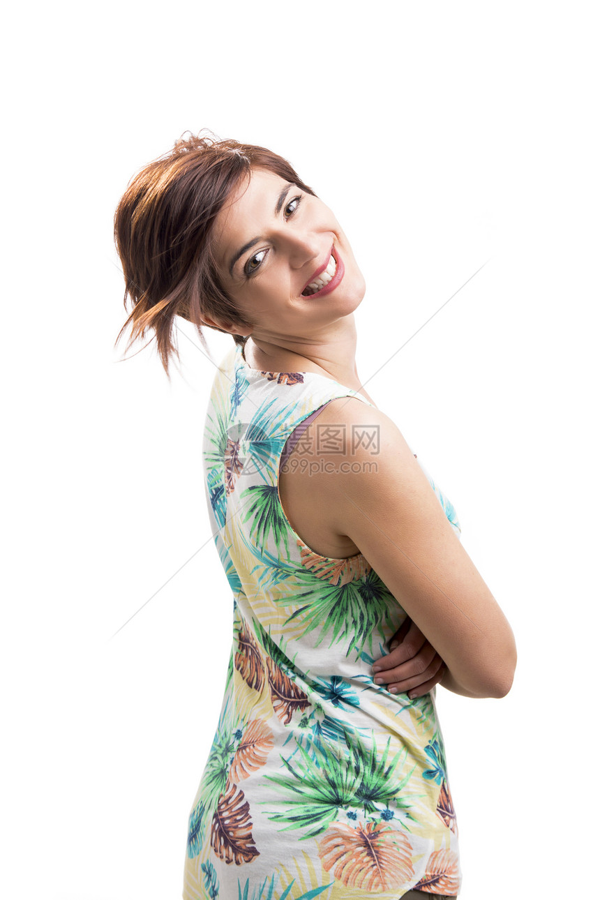 快乐的女士微笑笑工作室头发女性理发女孩喜悦成人白色发型乐趣图片