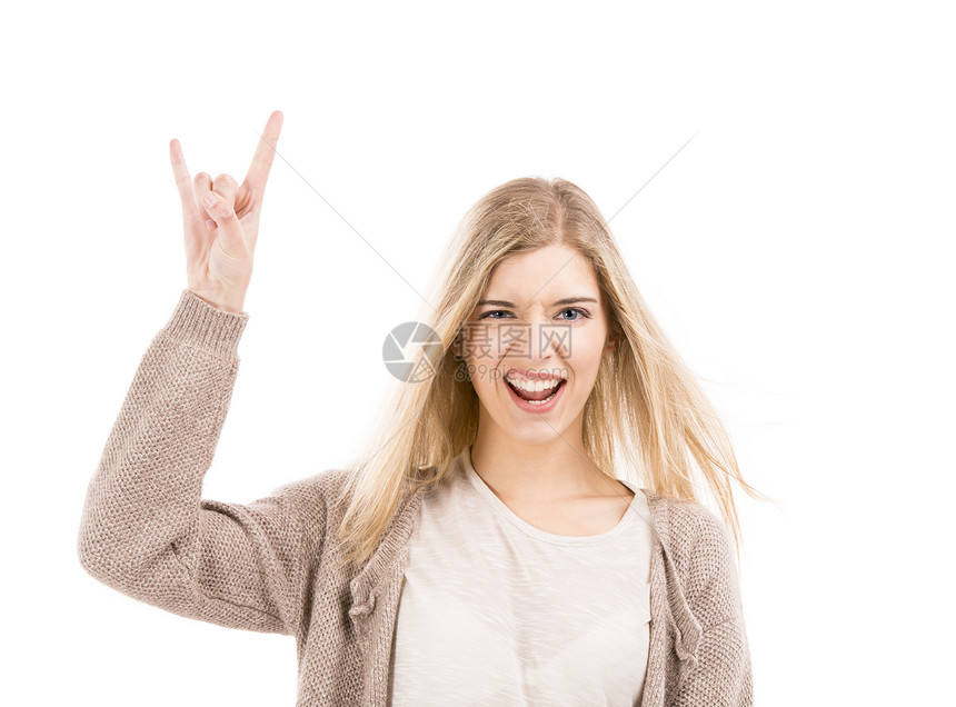 美丽的女孩 一个傻脸的美女手指乐趣手势喜悦女性微笑快乐岩石摇滚乐幸福图片