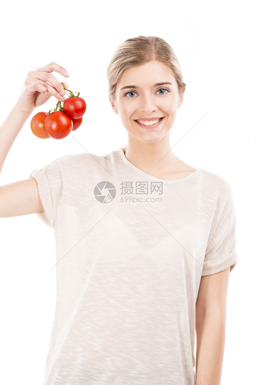 养红番茄的漂亮女人女孩微笑水果食物成人饮食女性蔬菜快乐乐趣图片