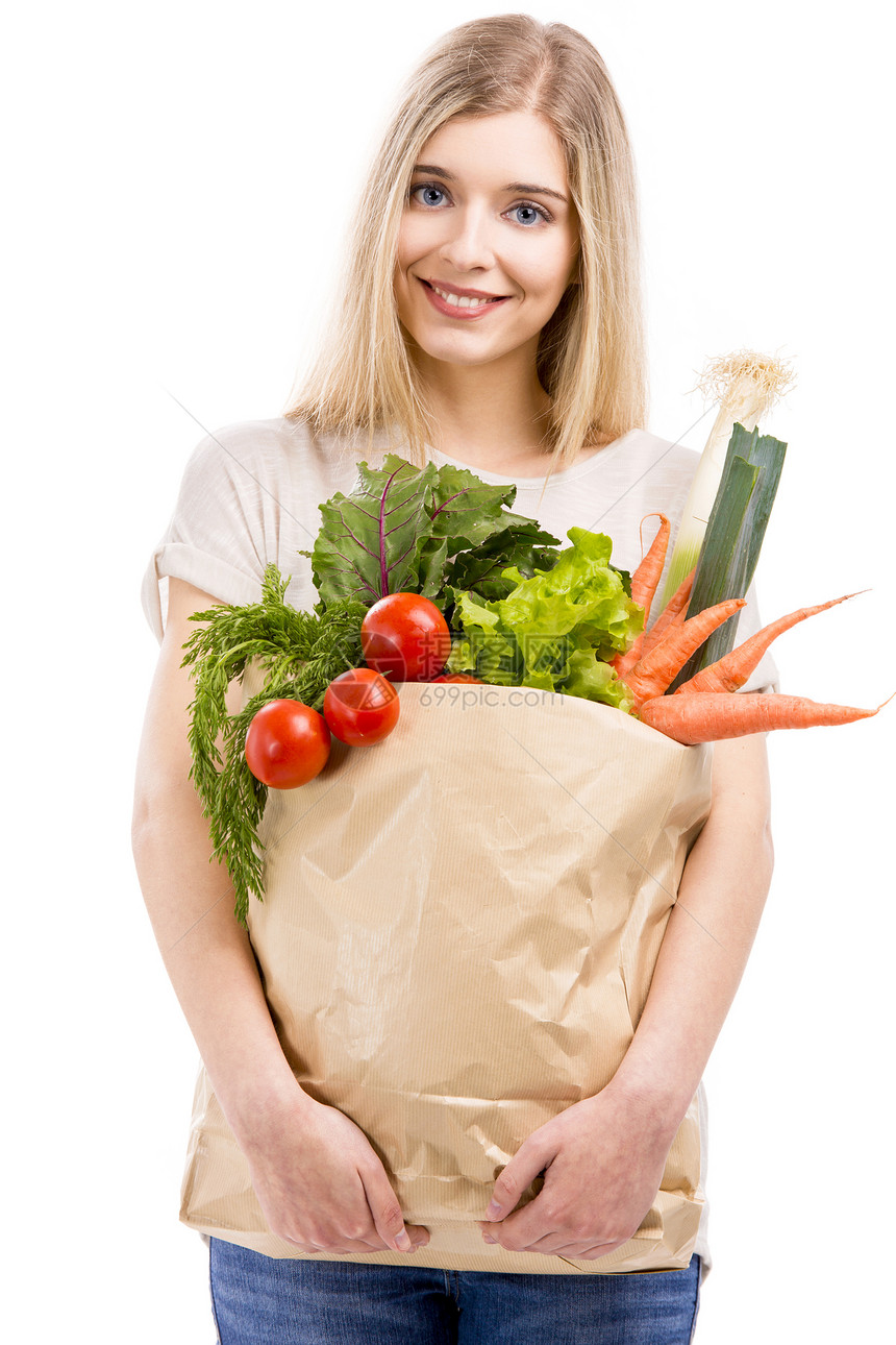 携带蔬菜的美丽女子饮食营养微笑快乐购物销售女孩成人女性市场图片