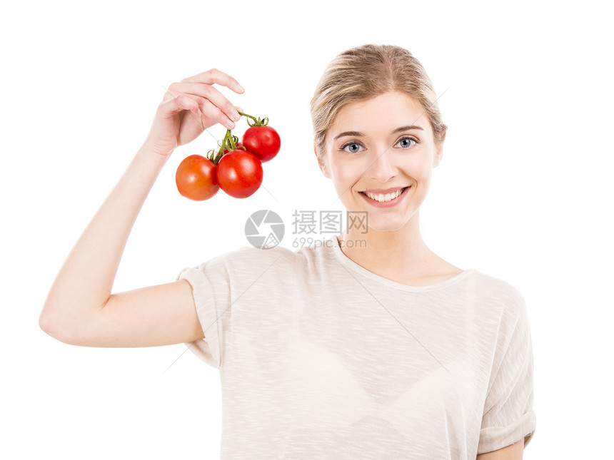 养红番茄的漂亮女人微笑食物饮食成人蔬菜生物女孩乐趣女性水果图片
