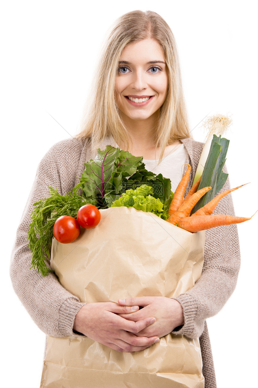 携带蔬菜的美丽女子顾客成人食物饮食销售快乐营养女性水果购物图片