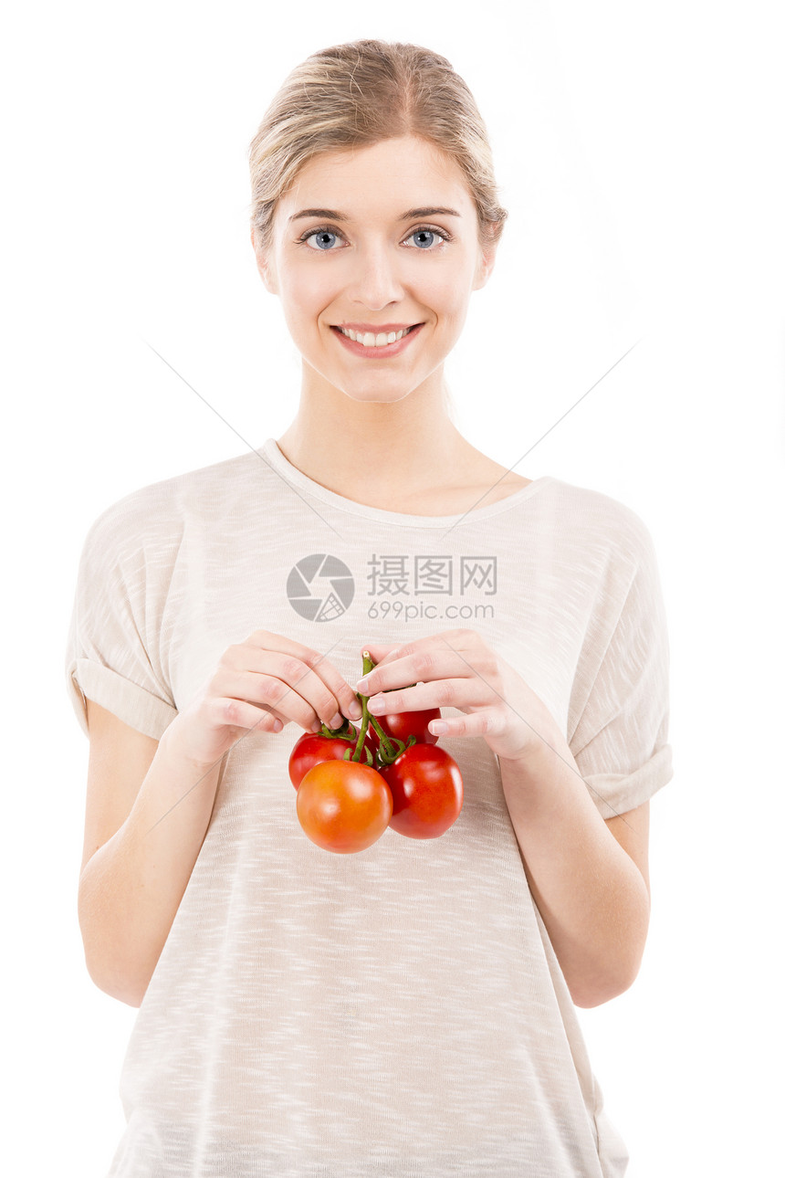 养红番茄的漂亮女人生物女孩饮食成人女性蔬菜快乐水果微笑食物图片