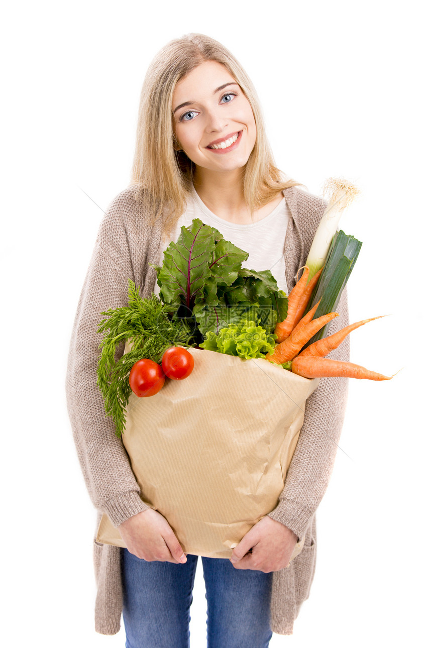 携带蔬菜的美丽女子杂货店饮食消费者成人微笑活力销售快乐营养水果图片