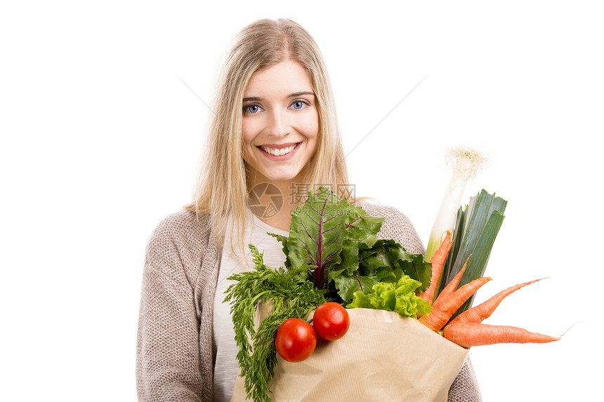 携带蔬菜的美丽女子饮食女孩金发营养成人水果消费者活力销售顾客图片