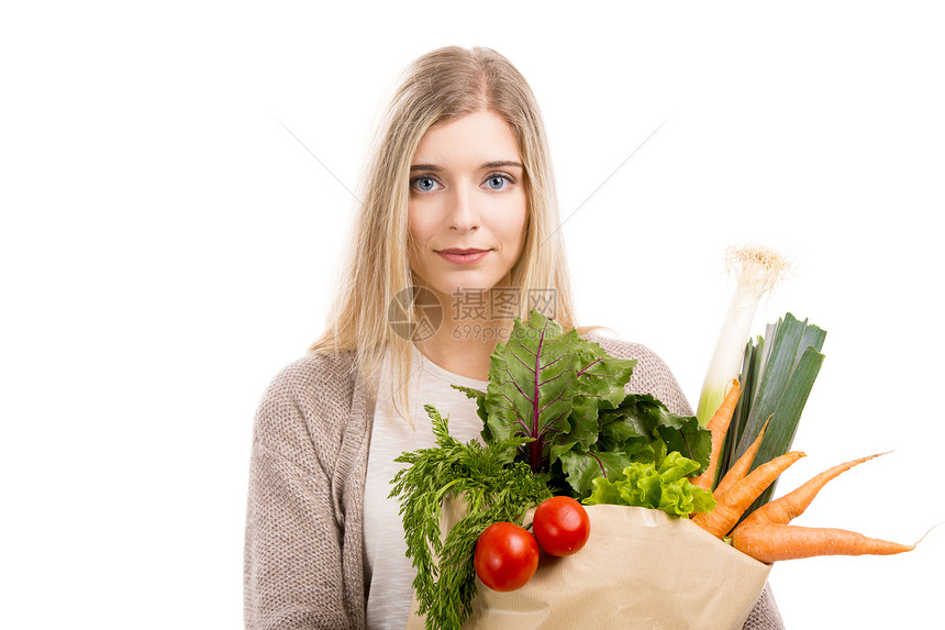 携带蔬菜的美丽女子市场成人快乐饮食购物金发营养女孩微笑消费者图片