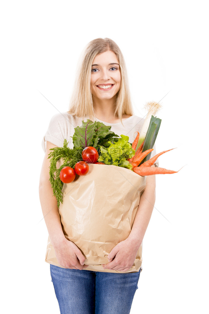 携带蔬菜的美丽女子女性购物女孩成人微笑金发杂货店市场消费者水果图片