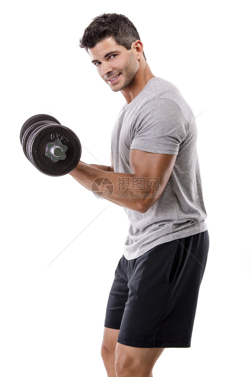 运动人举重力量身体锻炼健身房拉丁训练成人运动二头肌白色图片