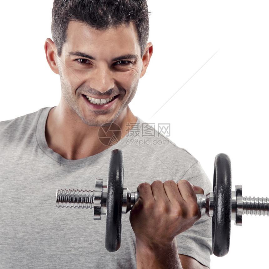 运动人举重男性拉丁微笑权重白色运动健身房运动员成人力量图片