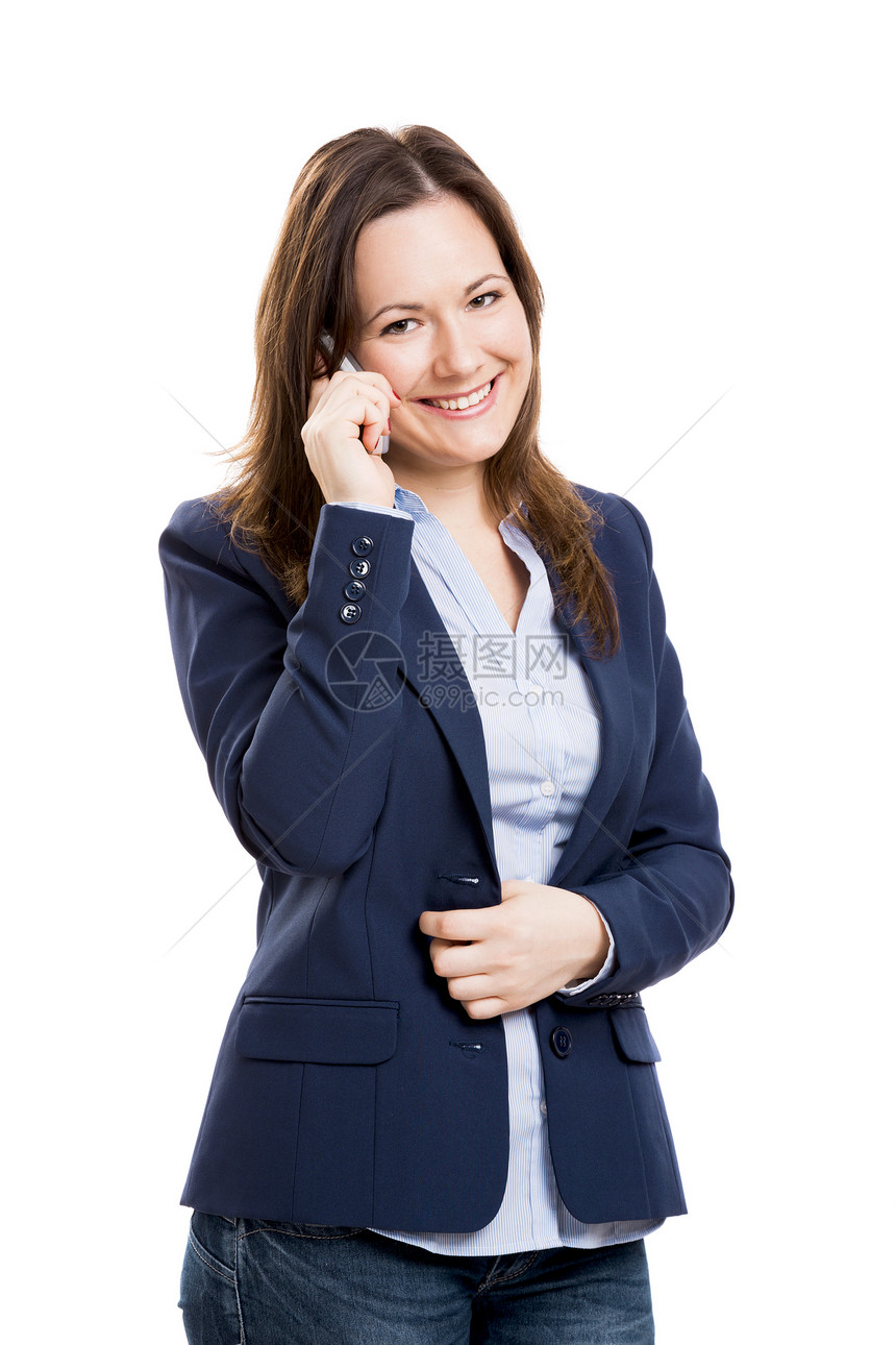拥有手机发短信的商业女商务人士青年技术电话白色成人女性细胞快乐情感讲话图片