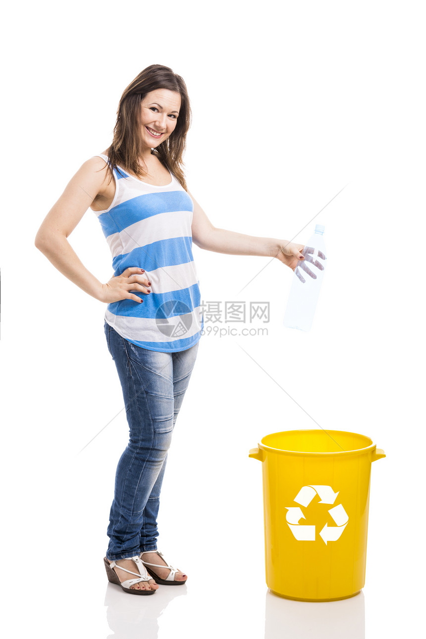 美丽的年轻回收利用回收生态微笑堆肥瓶子工作室白色塑料黄色环境图片
