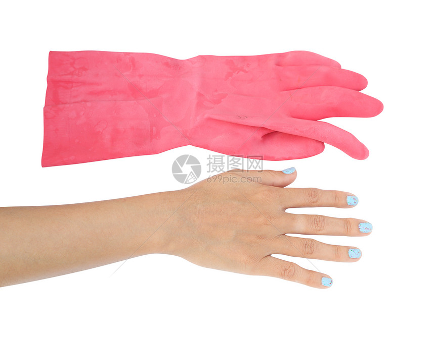 手持保护性橡胶手套 在白色背景上隔离图片