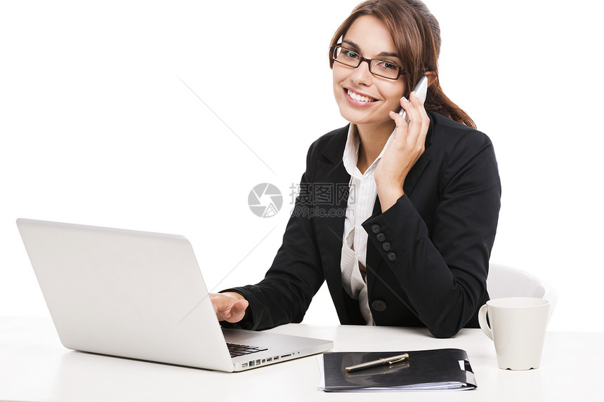 接听电话的女商务人士说话中心微笑推销助手商业服务秘书操作员黑发图片