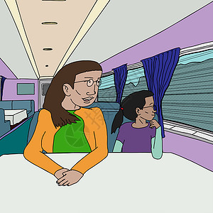 手绘可爱火车母亲和女儿在火车上背景