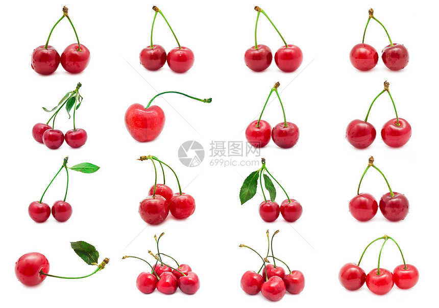 樱桃红色水果白色绿色浆果工作室叶子宏观美食甜点图片