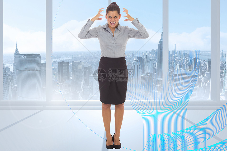 商业女商务人士喊叫的沮丧综合形象房间数字手势天空女士计算机棕色愤怒头发建筑物图片