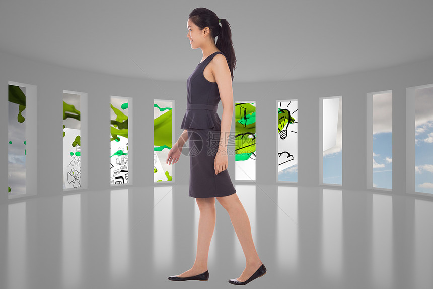 Asian商业妇女步行的复合形象女性女士计算机职业商务窗户飞溅马尾辫头脑人士图片