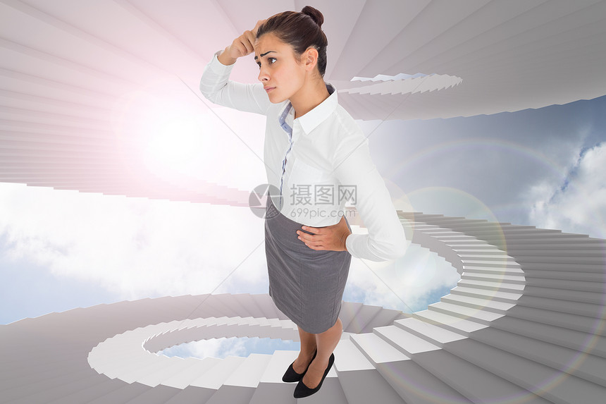 令人忧心的女商务人士综合形象天空商业螺旋女士楼梯人士棕色绘图女性思维图片