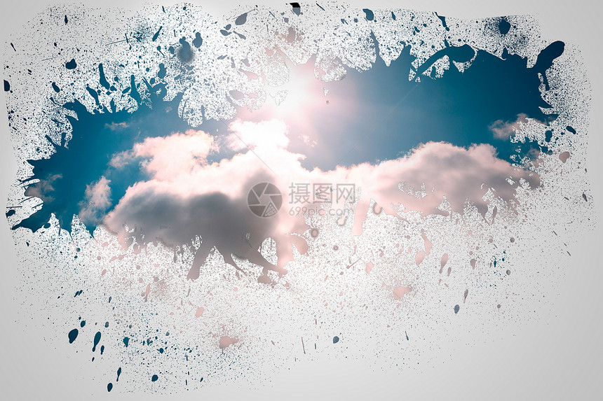 墙上喷雾 露出云彩蓝色飞溅阳光天空计算机绘图图片
