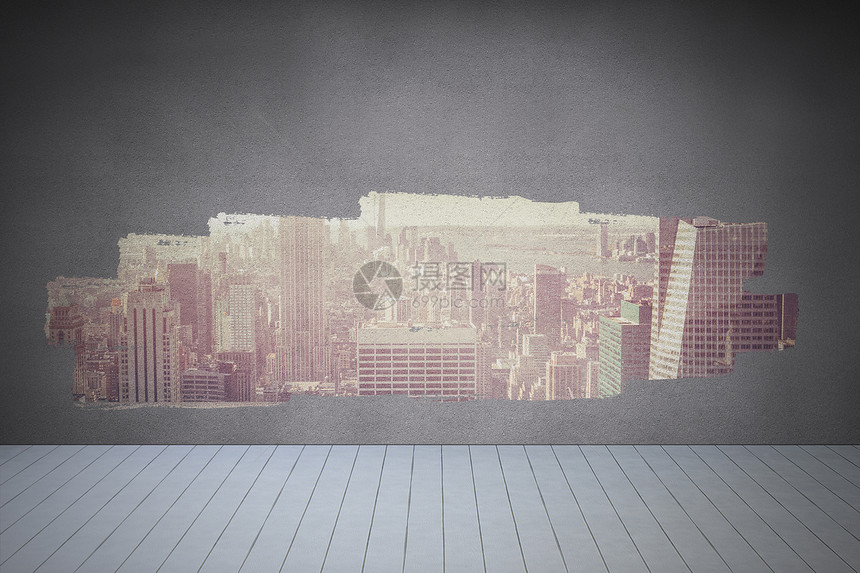 显示城市视图的墙上的显示计算机屏幕绘图展示房间摩天大楼景观建筑图片
