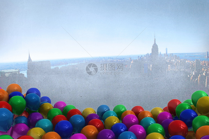 许多彩色气球在房间里 与城市墙壁上绘图景观建筑派对乐趣摩天大楼计算机图片