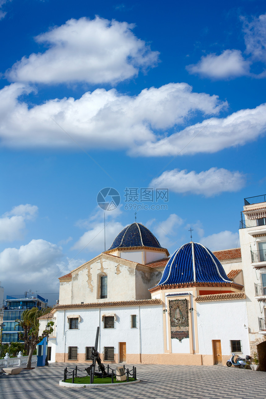 阿利坎特西班牙圣亚伊梅教堂凉亭海洋地标假期公寓正方形城市海景海岸地平线图片