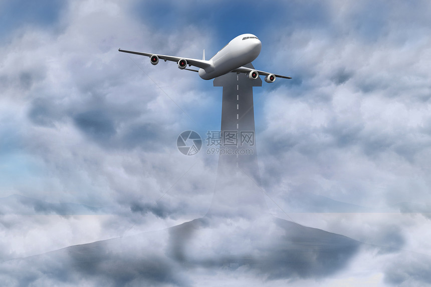 道路变成箭形的复合图像航班计算机多云旅行旅游航空天空飞行地平线绘图图片