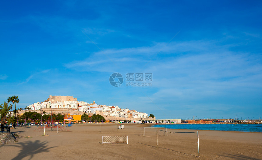 西班牙卡斯特利翁Peniscola城堡和海滩景观建筑地标旅游房屋海洋村庄假期建造市中心图片