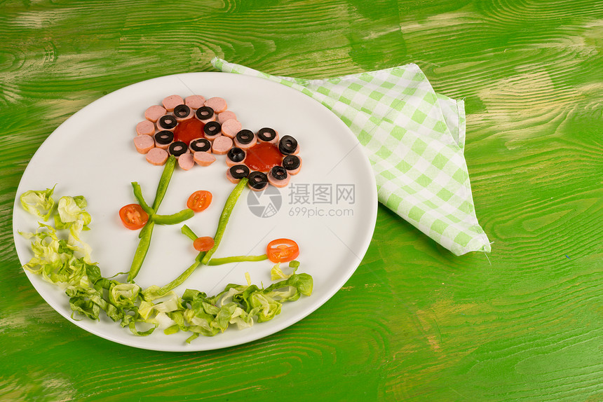 鲜花沙拉儿童蔬菜创造力盘子美食水平起动机装饰服务香肠图片