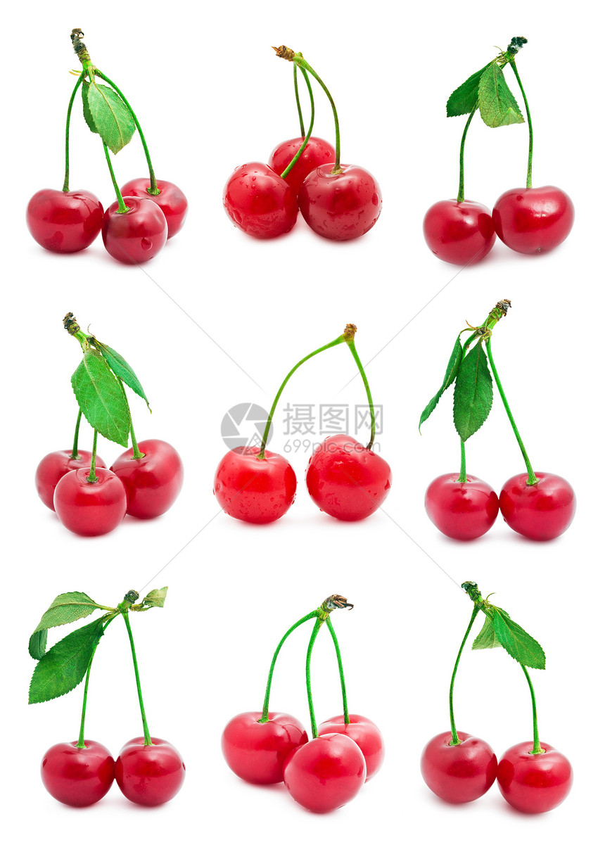 樱桃绿色食物宏观水果叶子美食工作室白色红色甜点图片