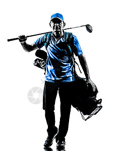 男子高尔夫球手打高尔夫球高尔夫球袋行走剪影玩家男性男人白色冒充运动阴影成年人背景图片