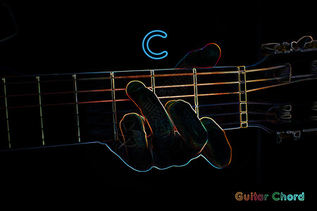 黑暗背景上的吉他和弦音乐家旋律乐器x光身体吉他手指法细绳技术音乐背景