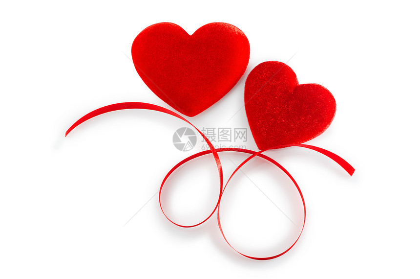 两红红心 红色丝带在白色上被隔离吊牌礼物丝带情人浪漫礼品标签邮件空白心形图片