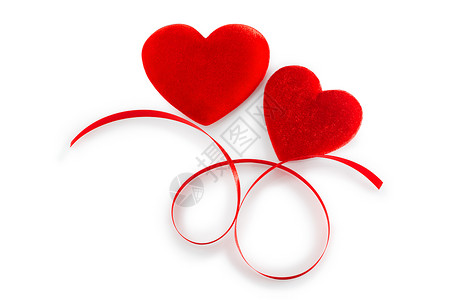 红色心形吊牌两红红心 红色丝带在白色上被隔离吊牌礼物丝带情人浪漫礼品标签邮件空白心形背景