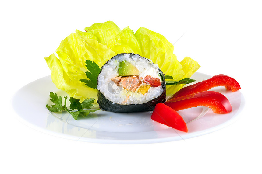 一块被装饰的盘子上的寿司黄瓜小吃胡椒文化食物美食海藻海鲜午餐鱼片图片