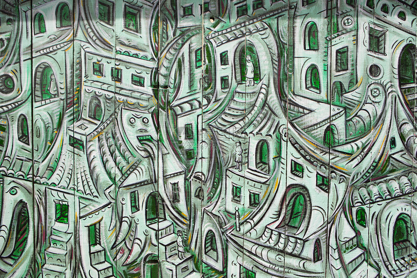 卡利佛一栋大楼墙壁上的插图贴上文化建筑房屋装饰品墨水绿色手绘绘画艺术卡通片图片