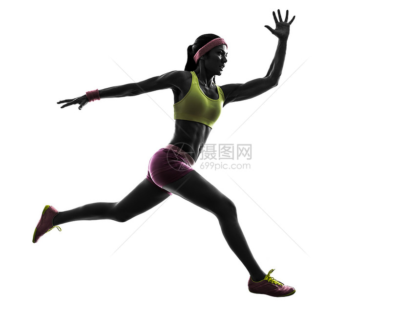 女性奔跑者跳过环影运动短跑阴影赛跑者竞争活力白色能力成年人飞跃图片
