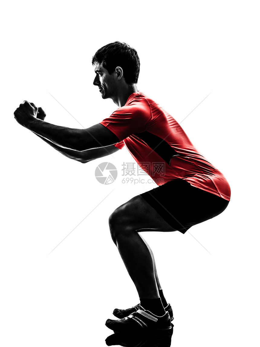 做健身锻炼的肺部 蹲在轮光灯下训练弓步阴影成年人有氧运动运动员男性白色运动装男人图片