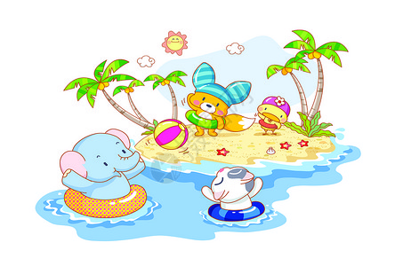 海滩剪贴画动物在海滩上玩的漫画背景