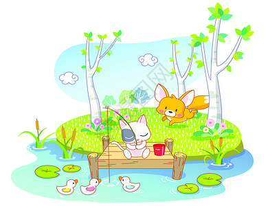 插画鸭子卡通猫在河里钓鱼背景