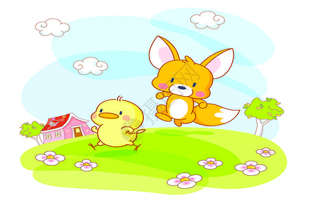 小鸡插画卡通动物松松鼠和小鸡天空插画家插图花园松鼠蜜蜂卡通片公园树木玫瑰背景