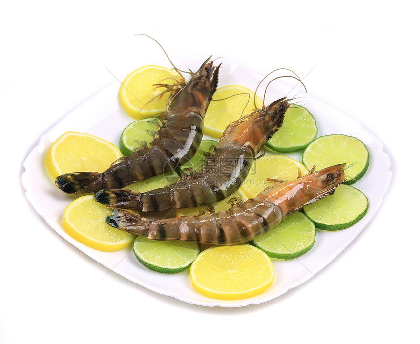 盘子里有生虎虾营养美食午餐老虎黄色贝类水产海鲜饮食甲壳图片