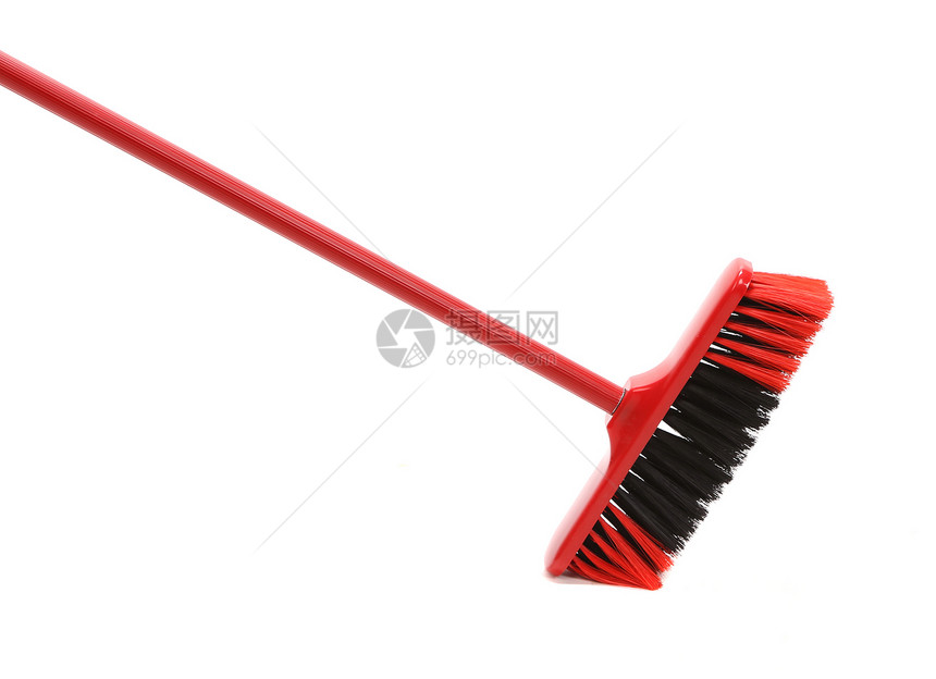 红色黑扫帚贴近了工作室清洁工卫生塑料地面白色灰尘工具刷子黑色图片