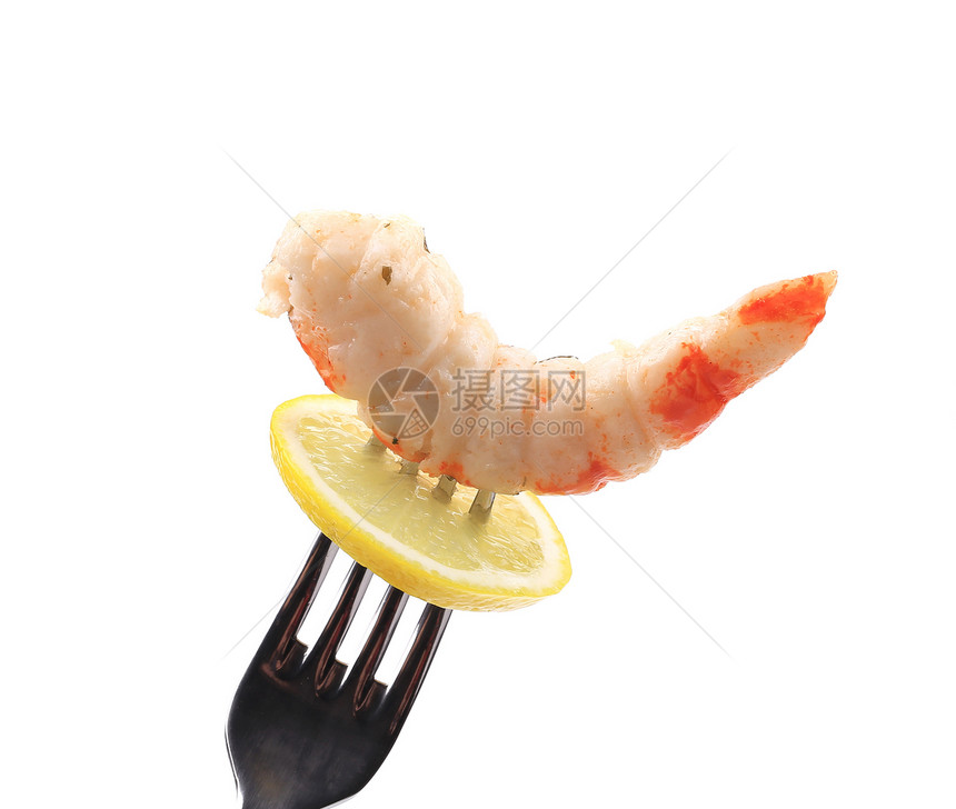 叉子上的虾海鲜橙子树叶餐厅起动机动物甲壳食物饮食贝类图片