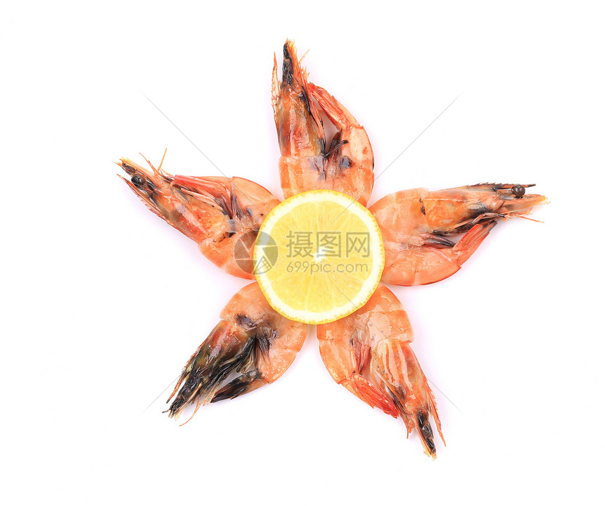 五只新鲜煮虾贝类食物甲壳奢华老虎宏观橙子饮食动物眼睛图片