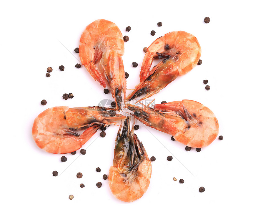 五只新鲜煮虾动物市场餐厅胡椒橙子营养尾巴贝类老虎奢华图片