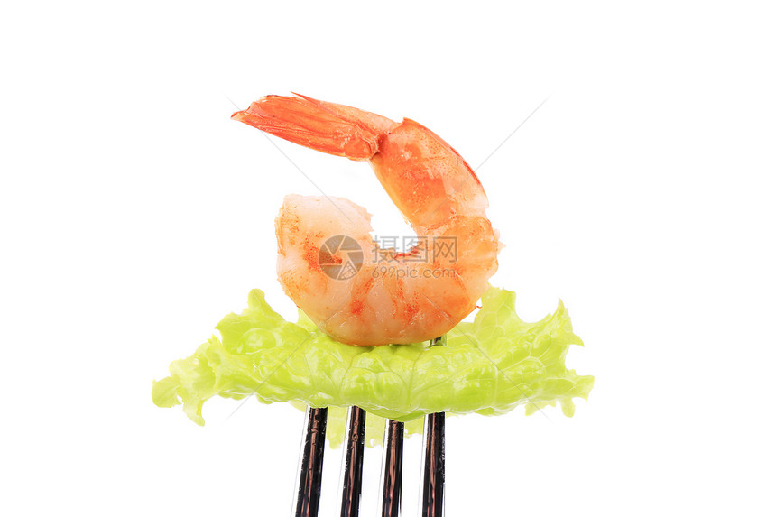 叉子上的虾橙子甲壳营养树叶饮食午餐贝类起动机海鲜美食图片