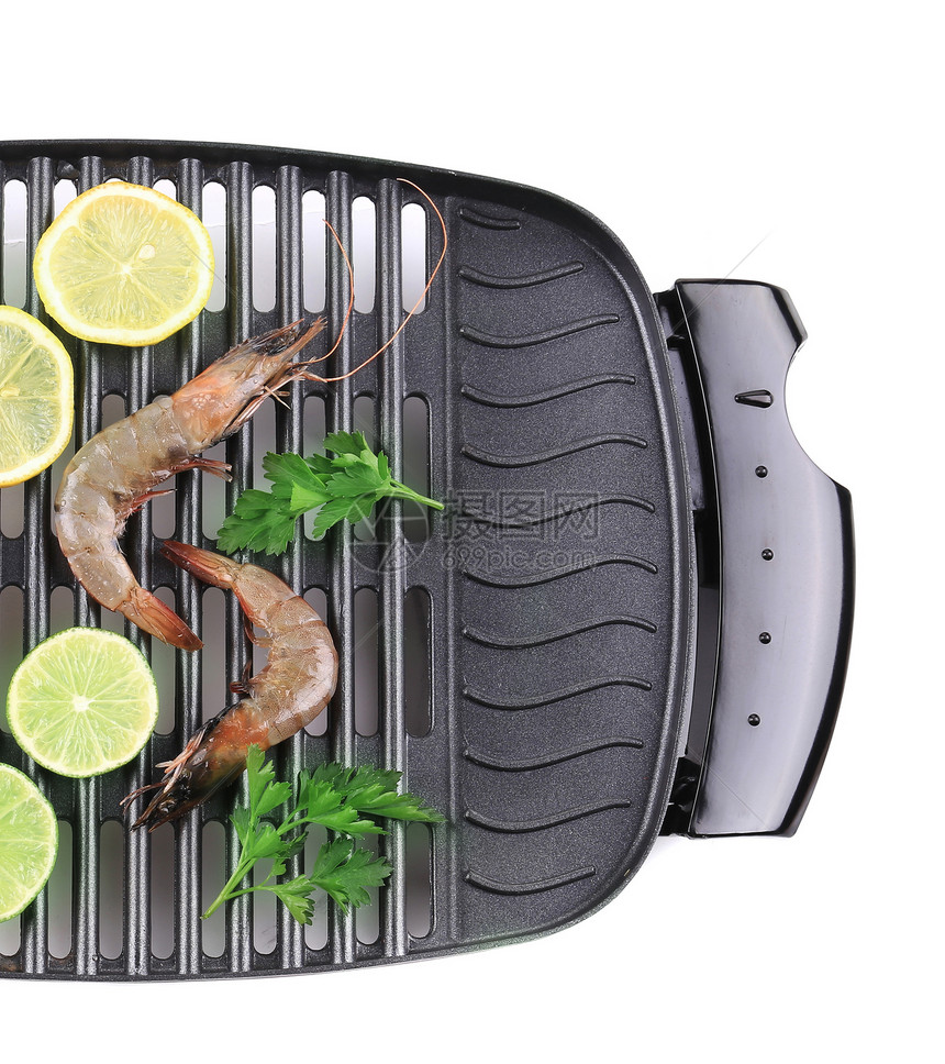 烤架上的新鲜虾海鲜甲壳贝类饮食动物炙烤营养午餐美食白色图片