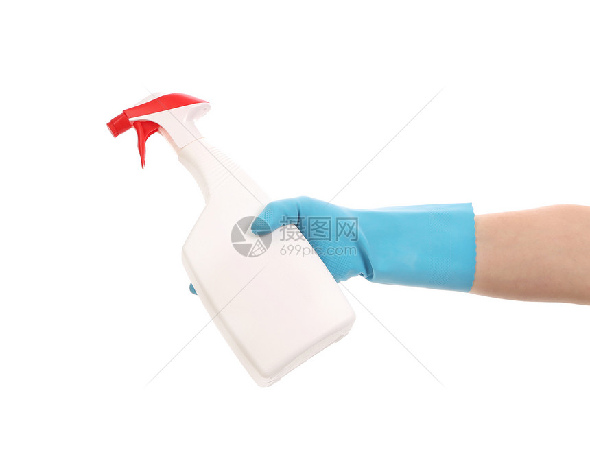 手套上手握着喷雾瓶消毒剂房子洗涤剂红色蓝色瓶子厨房卫生安全塑料图片